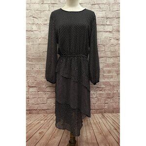 DKNY Womens Black Polka Dot Midi Sheath Dress Long Sleeve Polyester Size M